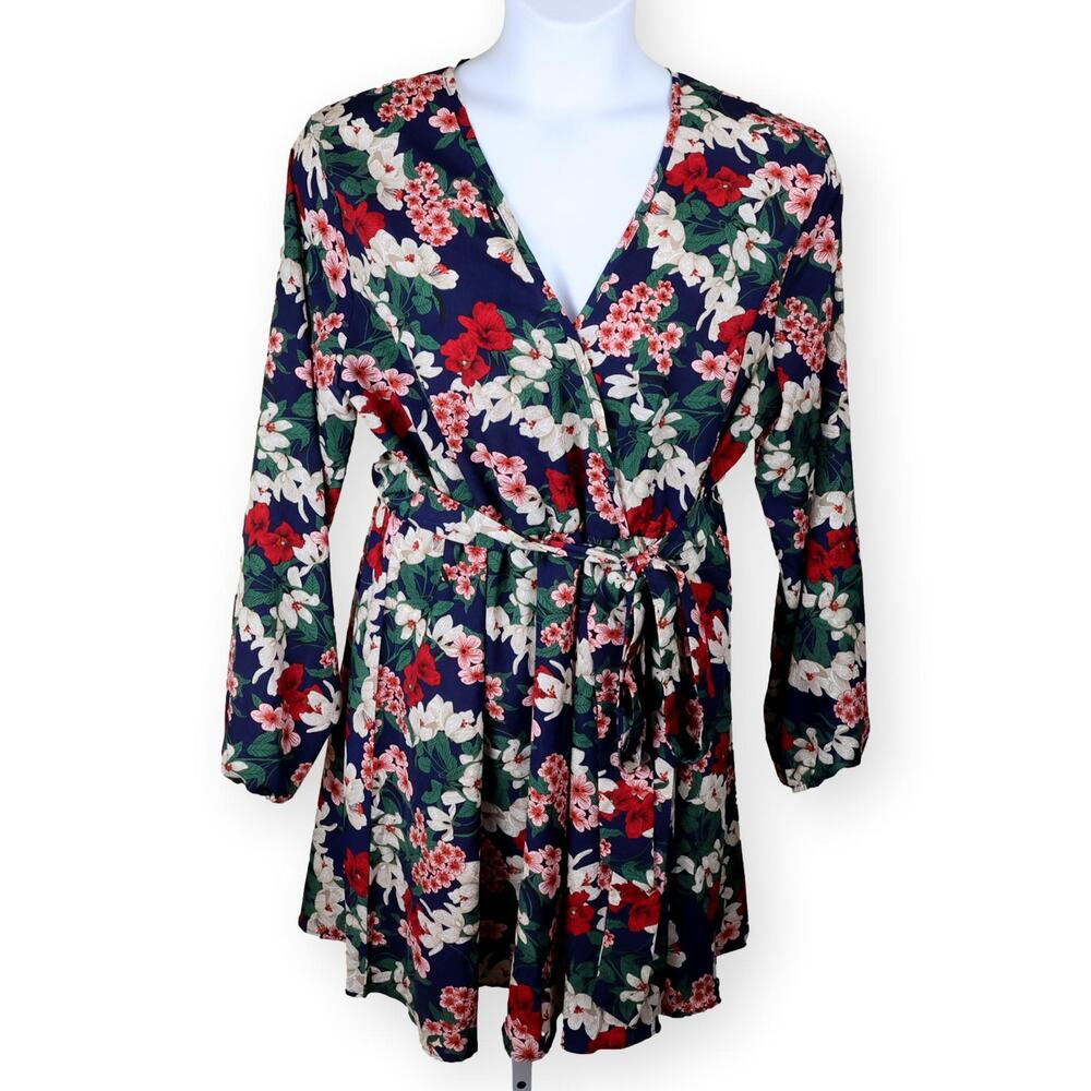 Boohoo Blue Red Multi FLORAL SELF BELT SKATER DRESS 14
